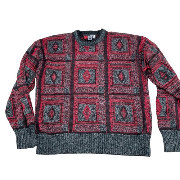 Todays News Sweater Men Large 42 Red‎ Gray Black Diamond Acrylic 80s 90s VTG - Picture 1 of 11